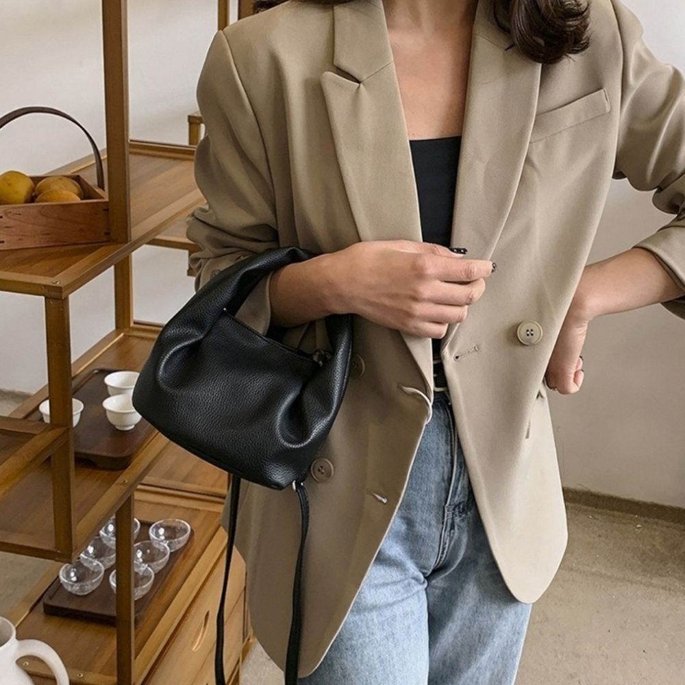Black Faux Pebbled Leather Slouchy Hobo Bag Stylish Rare Mini Tote + Strap New - Picture 9 of 9